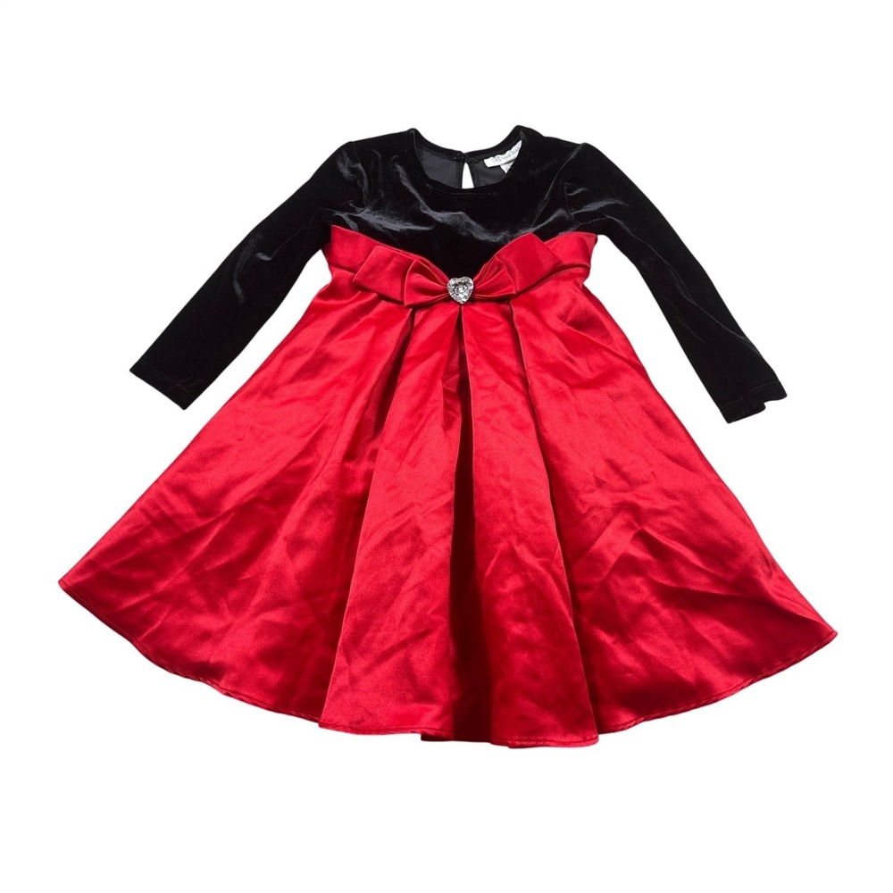 Bonnie Jean Girls 3T Red Satin Black Velvet Holiday Party‎ Dress